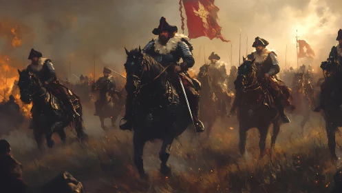 Battle-worn riders push forward through smoke and rising fire