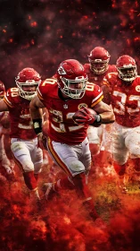 Football running back charges forward through red smoke.