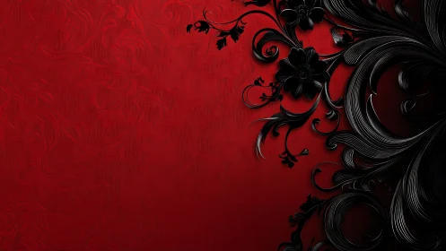 Black baroque floral scrolls curve over textured red field