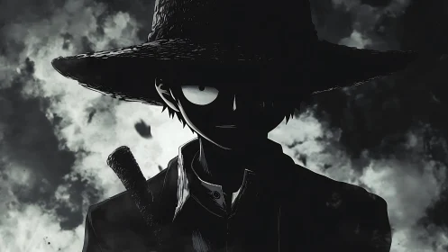 Mysterious straw‑hatted wanderer in stormy monochrome night.