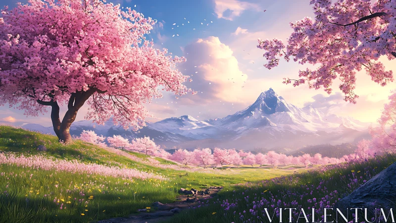 Dreamy cherry blossom valley beneath gentle spring peaks.