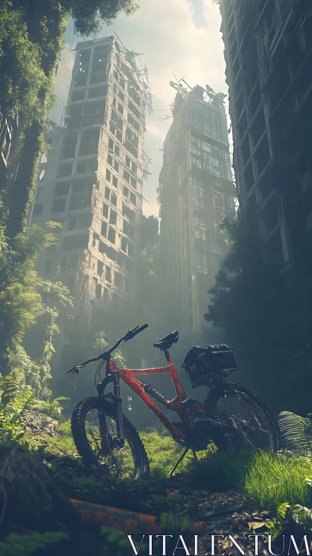 Red bicycle stands in overgrown corridor between ruined towers