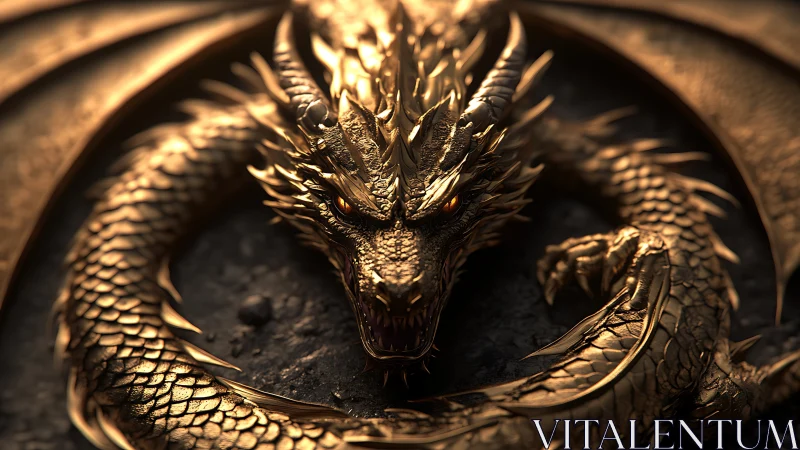 Golden dragon coils in molten light, guarding dark stone.