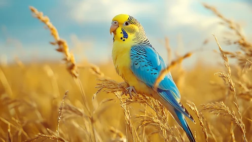 Vibrant blue and yellow budgerigar in golden wheat field, natural light.