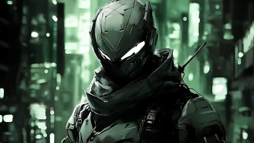 Armored figure stands in green-tinted futuristic cityscape