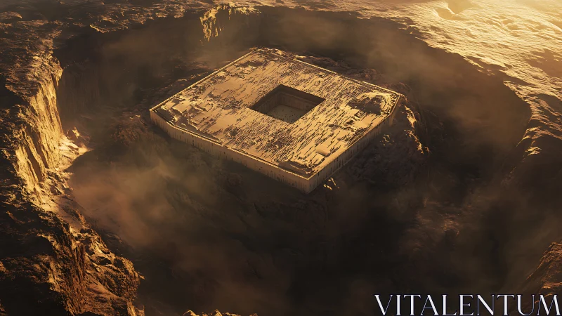 Monolithic square excavation temple in sunlit desert basin