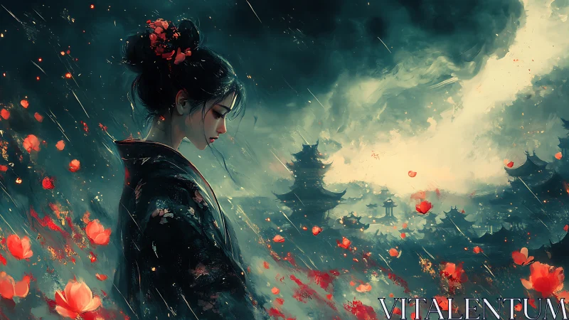 Melancholic geisha in storm-lit pagoda landscape at dusk