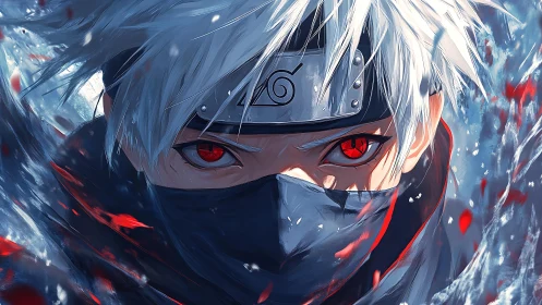 Intense red-eyed ninja portrait rendered in dynamic anime style