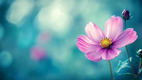 Cosmos bipinnatus with shallow depth of field rendering against teal bokeh backdrop.
