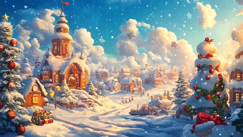 Snow-covered Christmas village street under bright daylight.