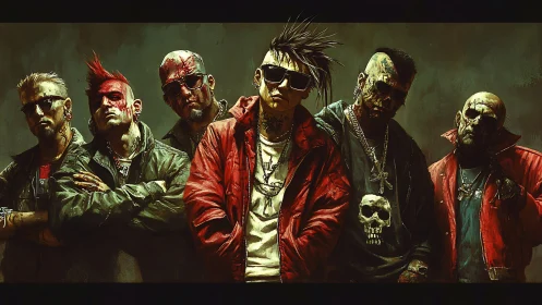 Street punk gang stands defiantly in grungy neon gloom