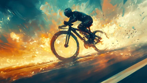 Cyclist Soaring Through Explosive Golden Energy.