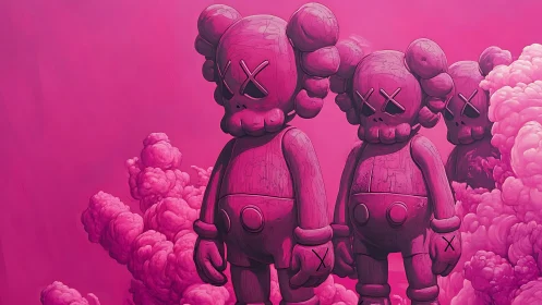 Row of pink stylized figures amid dense cloud formations.