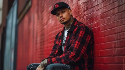 Urban confidence glows as a tattooed man rests by red bricks