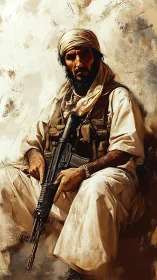 Armed desert fighter sits in harsh light, exuding tense resolve