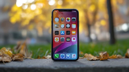 iPhone home screen interface displayed in natural outdoor environment.