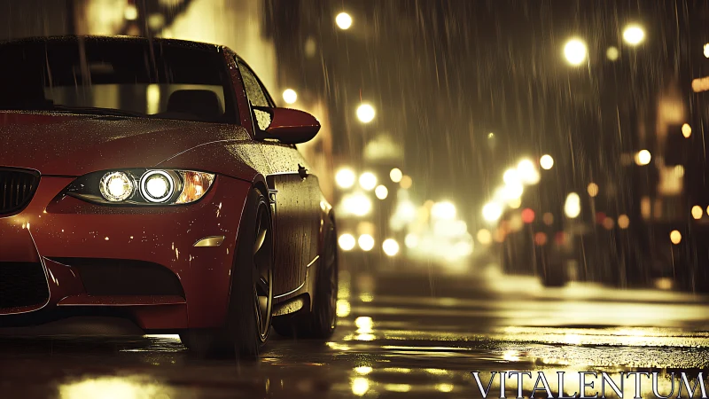 Sport coupe headlights cut through rainy urban bokeh night