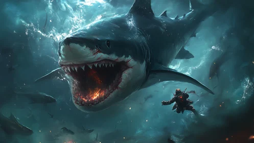 Colossal shark surges toward a lone diver in blazing waters