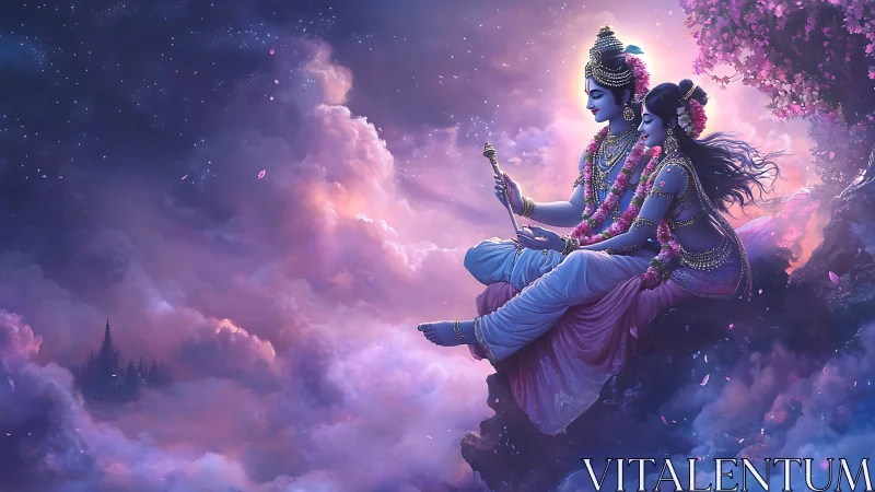 Divine couple seated on a glowing cloud cliff at dusk