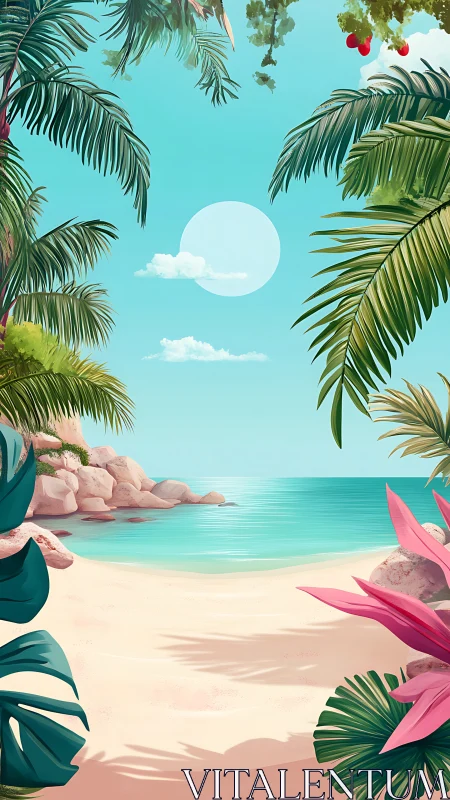 Vector-based tropical beach scene with composited environmental elements and stylized foliage.