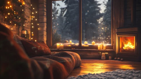 Interior winter cabin scene with candles and fireplace.