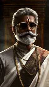 Elderly man in traditional attire wears sunglasses and jewelry