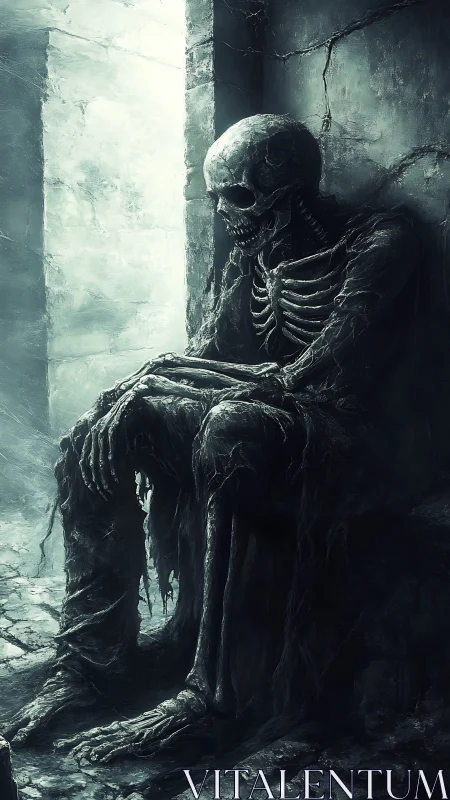 Quiet skeletal guardian resting in a crumbling stone alcove.