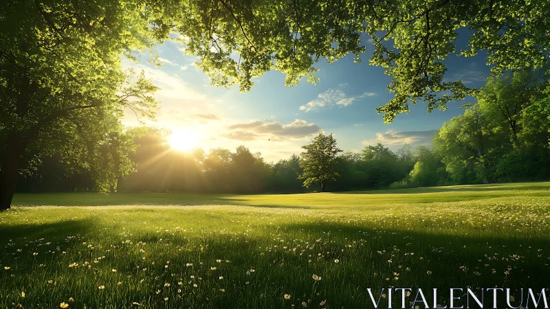 Backlit meadow landscape with low sun, tree canopy, wildflowers