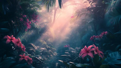Sunlit jungle blooms drinking in a dreamlike rose dawn.