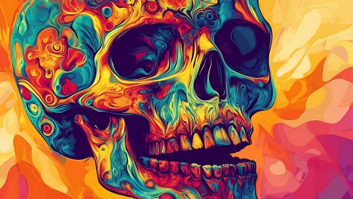 Psychedelic skull blaze swirling between neon life and dusk.