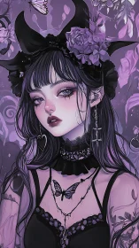 Gothic horned girl with violet roses in dreamy forest