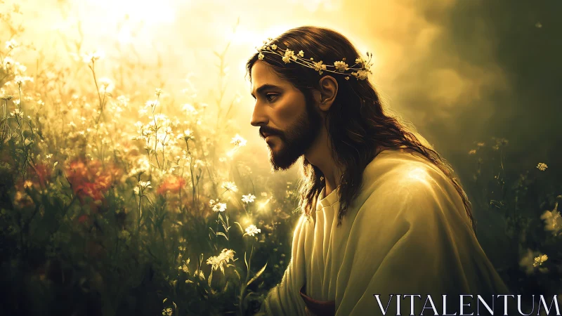 Divine figure in luminous meadow under volumetric backlighting.