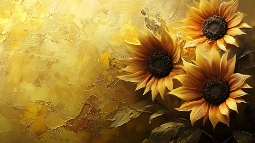 Textured impasto sunflowers rendered with layered golden brushstrokes