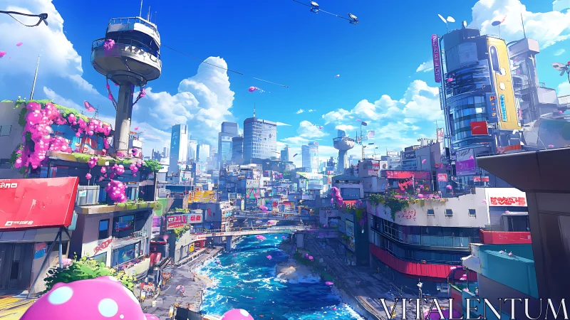 Cyberpunk riverside megacity with neon flora integration.