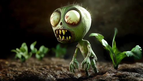Grotesque sprout zombie stalks seedlings in damp soil.