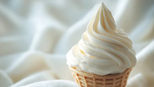 Vanilla soft serve cone against silky white backdrop.