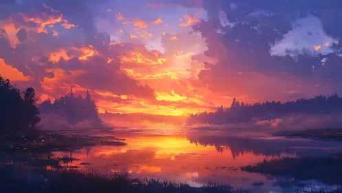 Radiant sunset ignites a tranquil lake beneath violet clouds