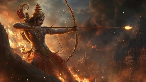 Divine archer unleashes flaming arrow over burning city.