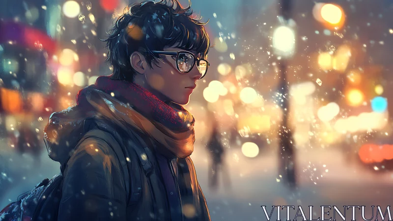 Youth with glasses walks through glowing winter city snow