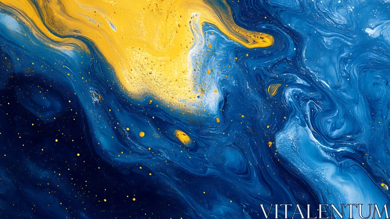 Blue and yellow fluid abstract paint swirl composition.