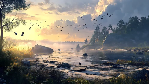 Sunlit misty lakeshore holds circling birds at dawn