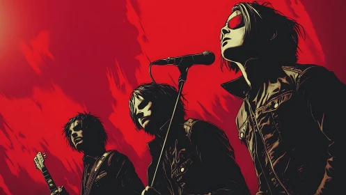 Crimson sky garage band frozen in a rebel anthem pose.