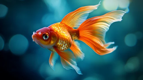 Goldfin ballerina fish twirls through luminous teal water.