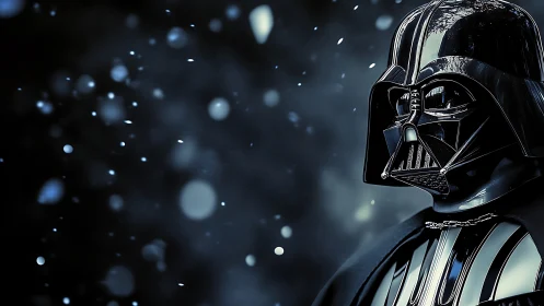 Dark armored figure in snowlit bokeh haze stands motionless.