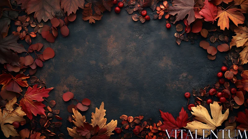 Autumn leaves frame around dark textured background.