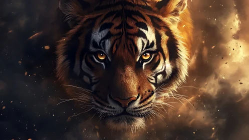 Starlit tiger gaze blazing through embers and swirling dusk.