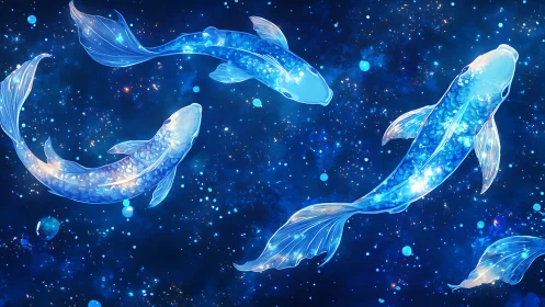 Glowing blue koi fish swim across deep starry space