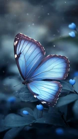 Blue butterfly rests on foliage in shallow depth of field