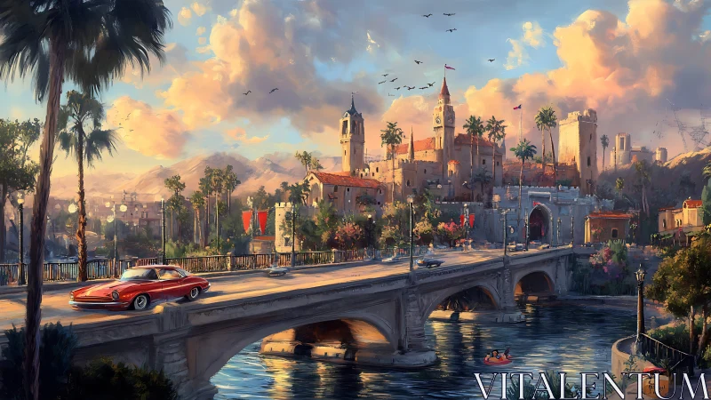 Bridge spans river before hillside city with car and towers