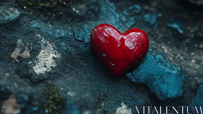 Vivid Crimson Heart Form on Weathered Teal Stone Surface